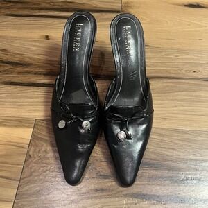 Ralph Lauren Black Leather Slip-On Mules heel 9 Old Money Bow Charms Point Toe